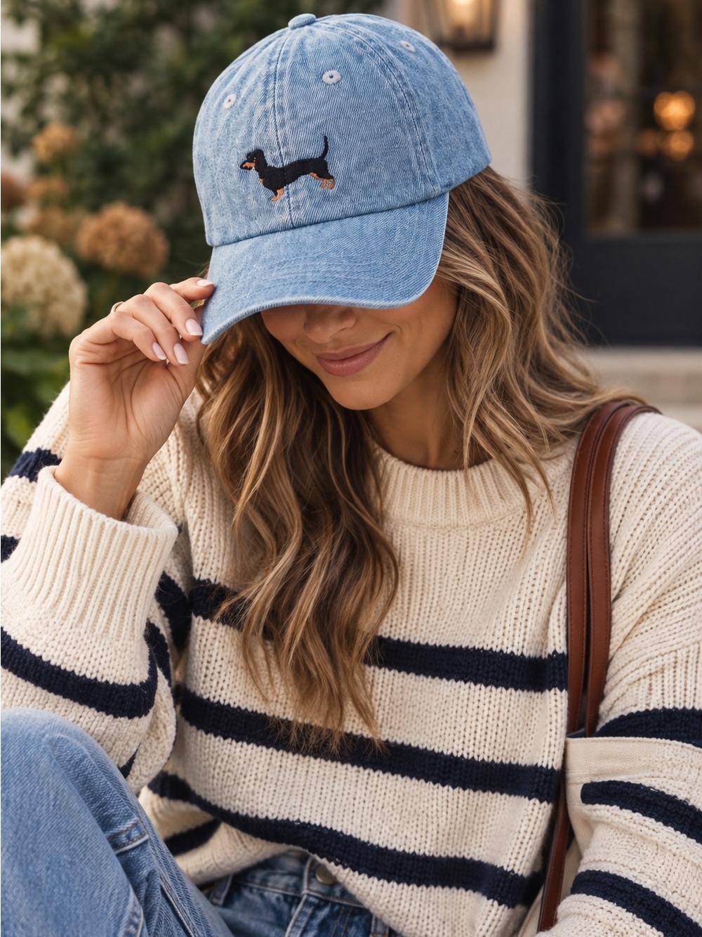 Light Blue Denim Baseball Cap with Embroidered Dachshund - Women’s Hat - Picture 3 of 7